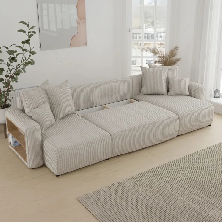 Divano letto panoramico 312x142cm velluto a coste con libreria a sinistra beige Mistery