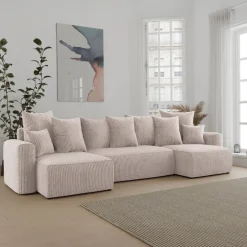 Divano letto panoramico 312x142cm velluto a coste beige Scintilla