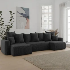 Divano letto panoramico 312x142cm velluto a coste nero Scintilla