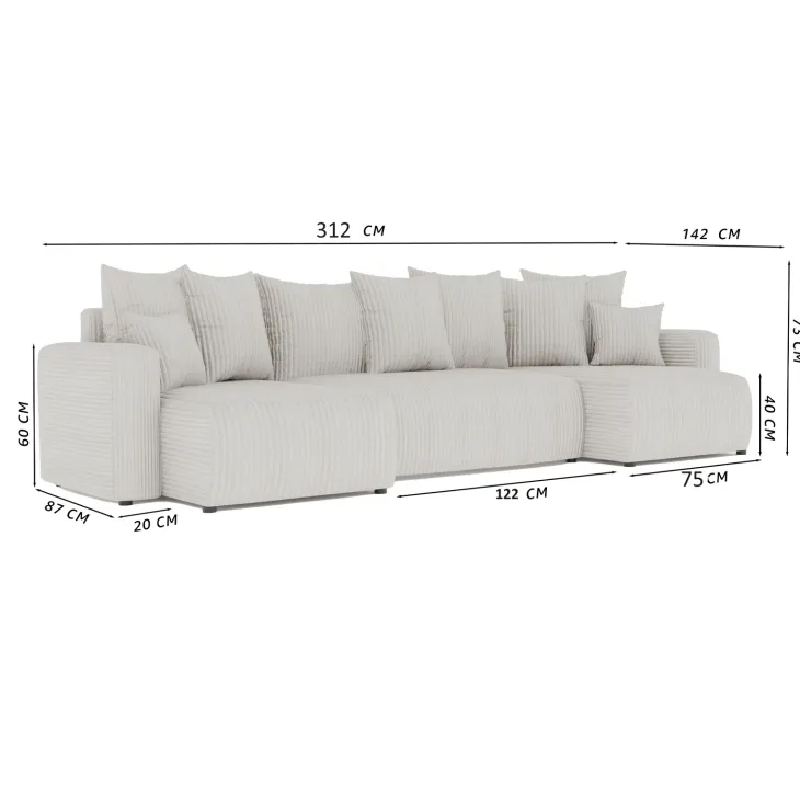 Divano letto panoramico 312x142cm velluto a coste nero Scintilla