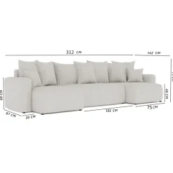 Divano letto panoramico 312x142cm velluto a coste rosa antico Scintilla