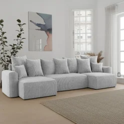 Divano letto panoramico 312x142cm velluto a coste grigio chiaro Scintilla
