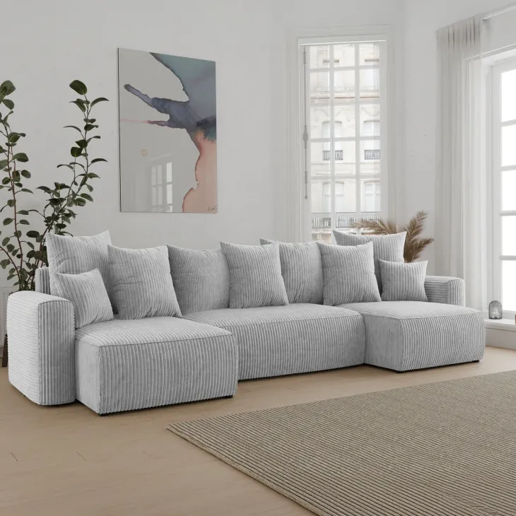 Divano letto panoramico 312x142cm velluto a coste grigio chiaro Scintilla