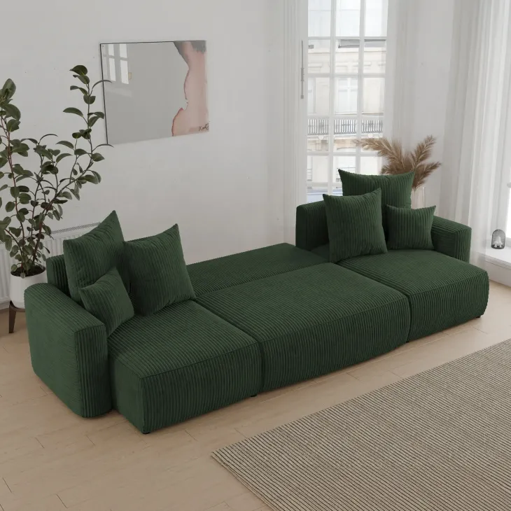 Divano letto panoramico 312x142cm velluto a coste verde scuro Scintilla