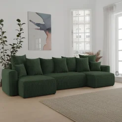 Divano letto panoramico 312x142cm velluto a coste verde scuro Scintilla