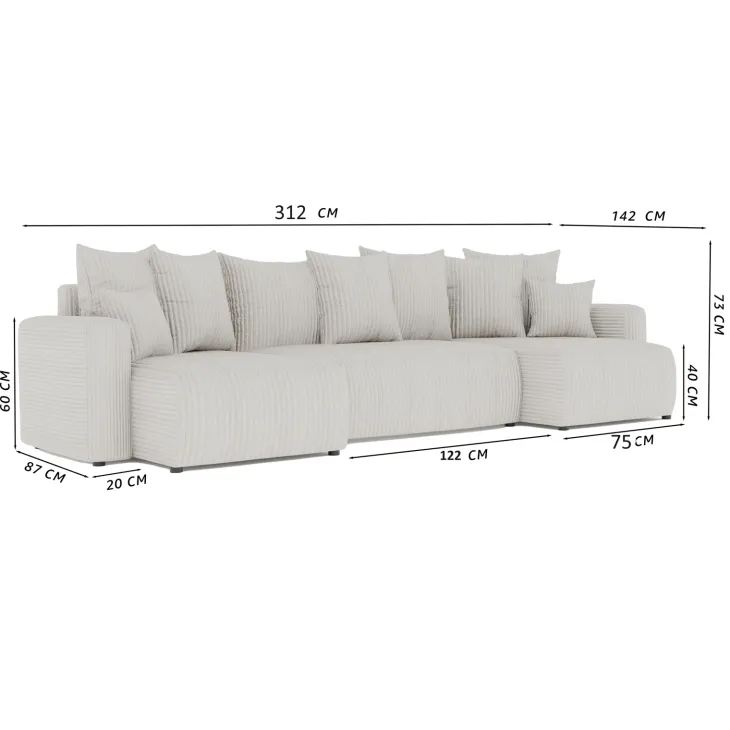 Divano letto panoramico 312x142cm velluto a coste verde scuro Scintilla