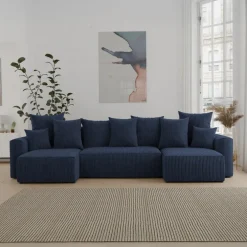 Divano letto panoramico 312x142cm velluto a coste blu Scintilla