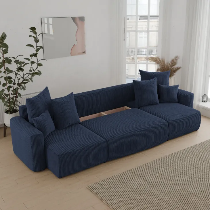 Divano letto panoramico 312x142cm velluto a coste blu Scintilla