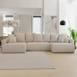 Divano letto panoramico 350x160cm velluto a coste con libreria a sinistra beige Mistery