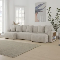 Divano letto panoramico 312x142cm velluto a coste con libreria a destra beige Mistery