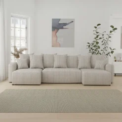 Divano letto panoramico 312x142cm velluto a coste con libreria a destra beige Mistery