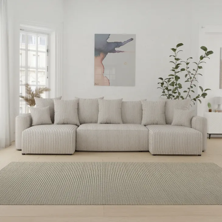 Divano letto panoramico 312x142cm velluto a coste con libreria a destra beige Mistery