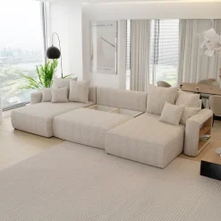 Divano letto panoramico 350x160cm velluto a coste con libreria a destra beige Mistery