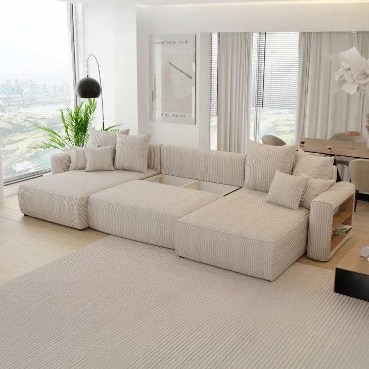 Divano letto panoramico 350x160cm velluto a coste con libreria a destra beige Mistery