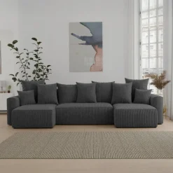 Divano letto panoramico 312x142cm velluto a coste con libreria a sinistra antracite Mistery