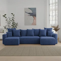 Divano letto panoramico 312x142cm velluto a coste con libreria a sinistra blu Mistery