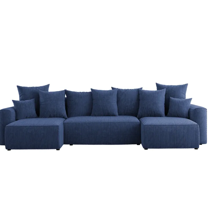 Divano letto panoramico 312x142cm velluto a coste con libreria a destra blu Mistery