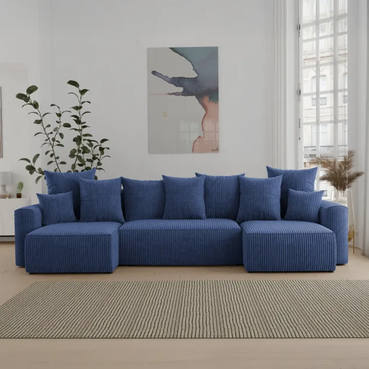 Divano letto panoramico 312x142cm velluto a coste con libreria a destra blu Mistery