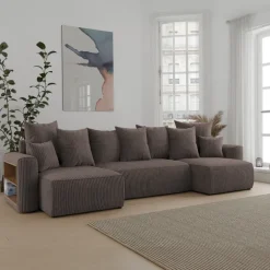 Divano letto panoramico 312x142cm velluto a coste con libreria a sinistra marrone Mistery
