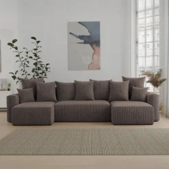 Divano letto panoramico 312x142cm velluto a coste con libreria a sinistra marrone Mistery