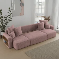 Divano letto panoramico 312x142cm velluto a coste con libreria a sinistra rosa antico Mistery