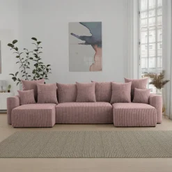 Divano letto panoramico 312x142cm velluto a coste con libreria a sinistra rosa antico Mistery