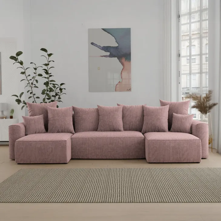 Divano letto panoramico 312x142cm velluto a coste con libreria a sinistra rosa antico Mistery