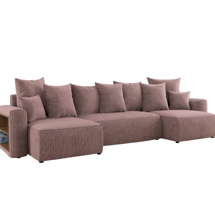 Divano letto panoramico 312x142cm velluto a coste con libreria a sinistra rosa antico Mistery