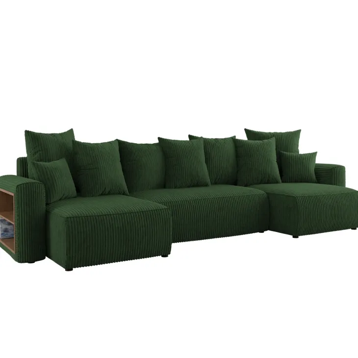 Divano letto panoramico 312x142cm velluto a coste con libreria a sinistra verde scuro Mistery