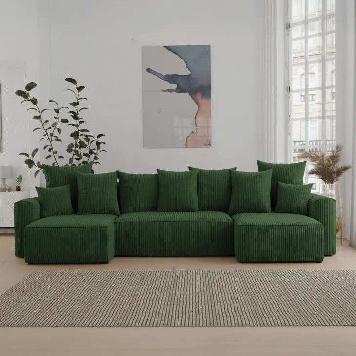 Divano letto panoramico 312x142cm velluto a coste con libreria a sinistra verde scuro Mistery
