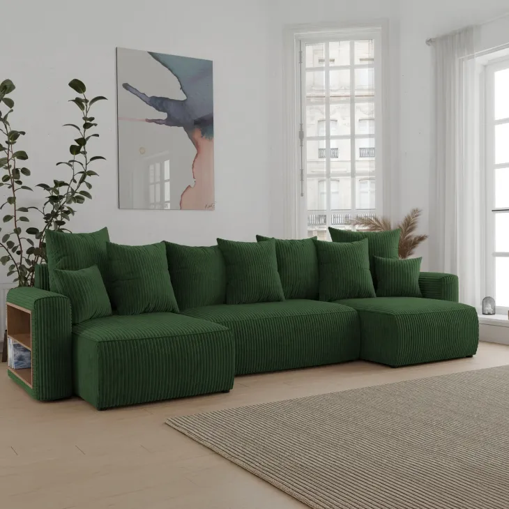 Divano letto panoramico 312x142cm velluto a coste con libreria a sinistra verde scuro Mistery