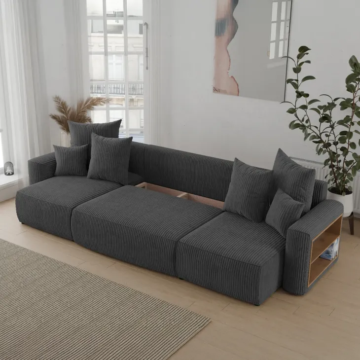 Divano letto panoramico 312x142cm velluto a coste con libreria a destra antracite Mistery