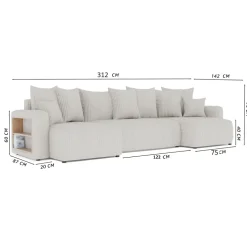 Divano letto panoramico 312x142cm velluto a coste con libreria a destra giallo senape Mistery