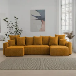 Divano letto panoramico 312x142cm velluto a coste con libreria a destra giallo senape Mistery