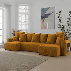 Divano letto panoramico 312x142cm velluto a coste con libreria a destra giallo senape Mistery