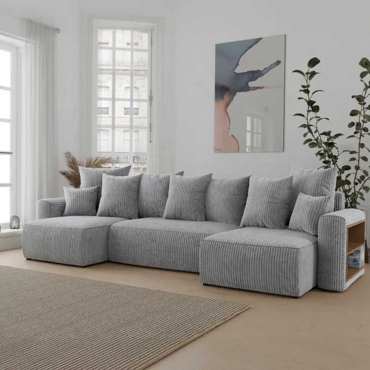 Divano letto panoramico 312x142cm velluto a coste con libreria a destra grigio chiaro Mistery