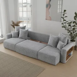 Divano letto panoramico 312x142cm velluto a coste con libreria a destra grigio chiaro Mistery