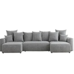 Divano letto panoramico 312x142cm velluto a coste con libreria a destra grigio chiaro Mistery