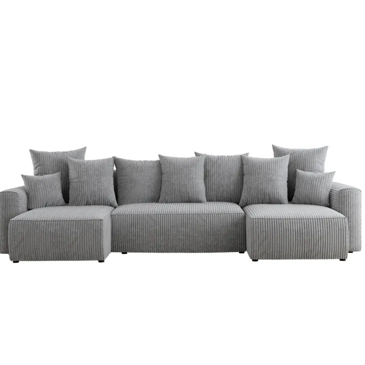 Divano letto panoramico 312x142cm velluto a coste con libreria a destra grigio chiaro Mistery