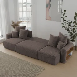 Divano letto panoramico 312x142cm velluto a coste con libreria a destra marrone Mistery