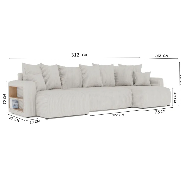 Divano letto panoramico 312x142cm velluto a coste con libreria a destra marrone Mistery