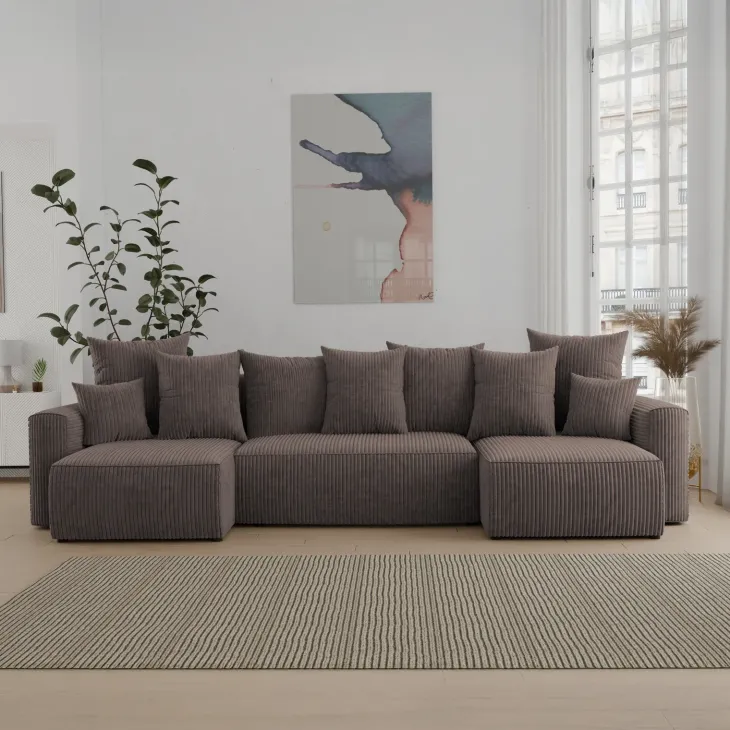 Divano letto panoramico 312x142cm velluto a coste con libreria a destra marrone Mistery