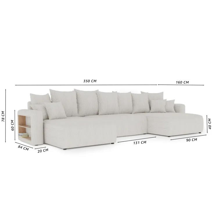 Divano letto panoramico 350x160cm velluto a coste con libreria a sinistra antracite Mistery