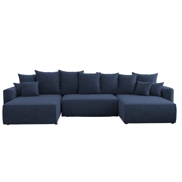 Divano letto panoramico 350x160cm velluto a coste con libreria a sinistra blu Mistery