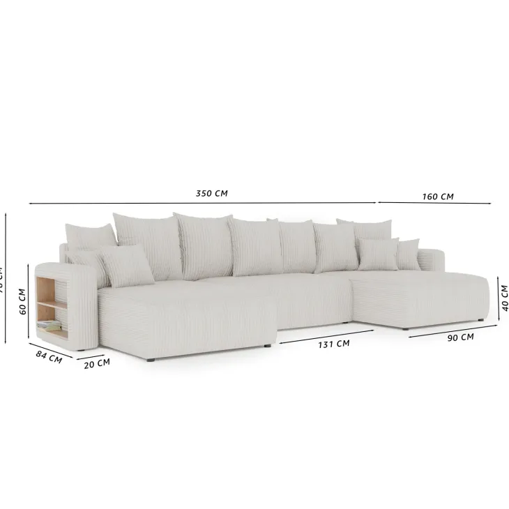 Divano letto panoramico 350x160cm velluto a coste con libreria a sinistra blu Mistery