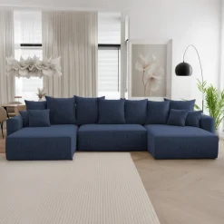 Divano letto panoramico 350x160cm velluto a coste con libreria a sinistra blu Mistery