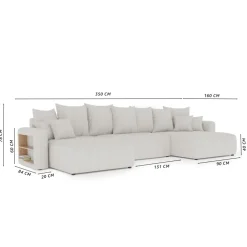 Divano letto panoramico 350x160cm velluto a coste con libreria a sinistra giallo senape Mistery