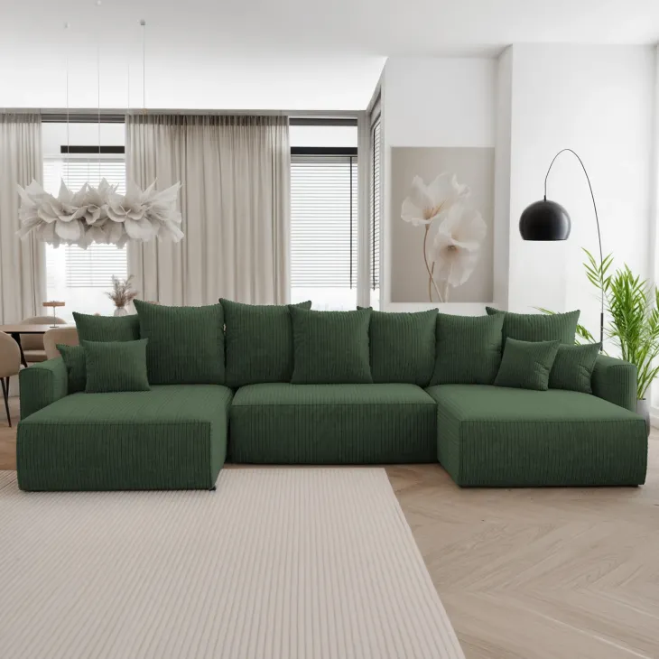 Divano letto panoramico 350x160cm velluto a coste con libreria a sinistra verde scuro Mistery