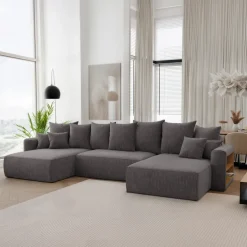 Divano letto panoramico 350x160cm velluto a coste con libreria a destra antracite Mistery