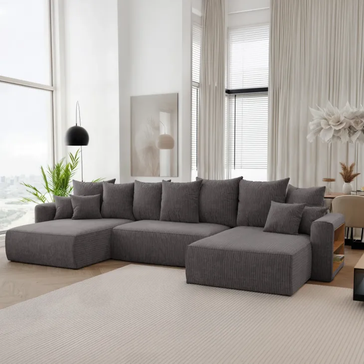 Divano letto panoramico 350x160cm velluto a coste con libreria a destra antracite Mistery